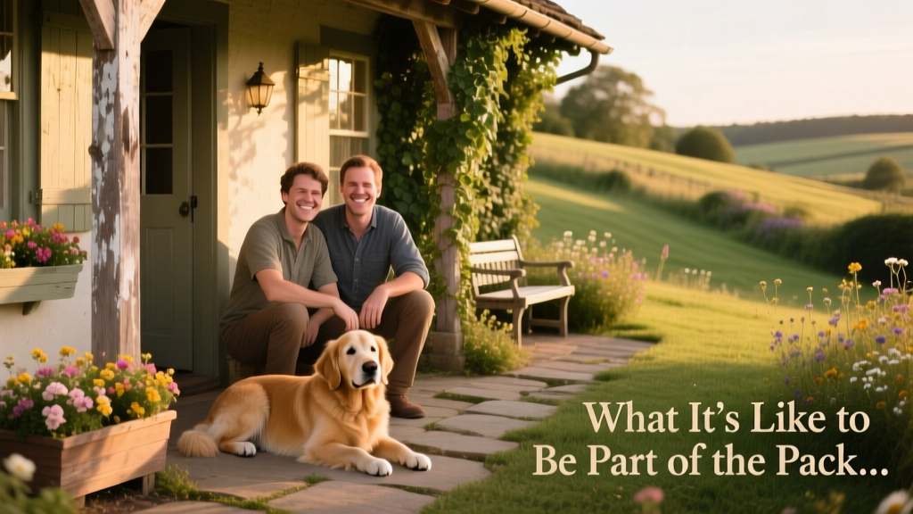Dale and Greg smiling beside a cozy, sunlit home with a friendly dog resting nearby