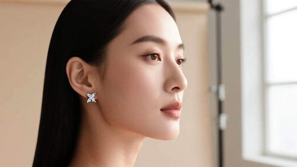 Woman wearing minimalist bezel-set diamond stud earrings, photographed in profile against a soft, neutral beige studio backdrop