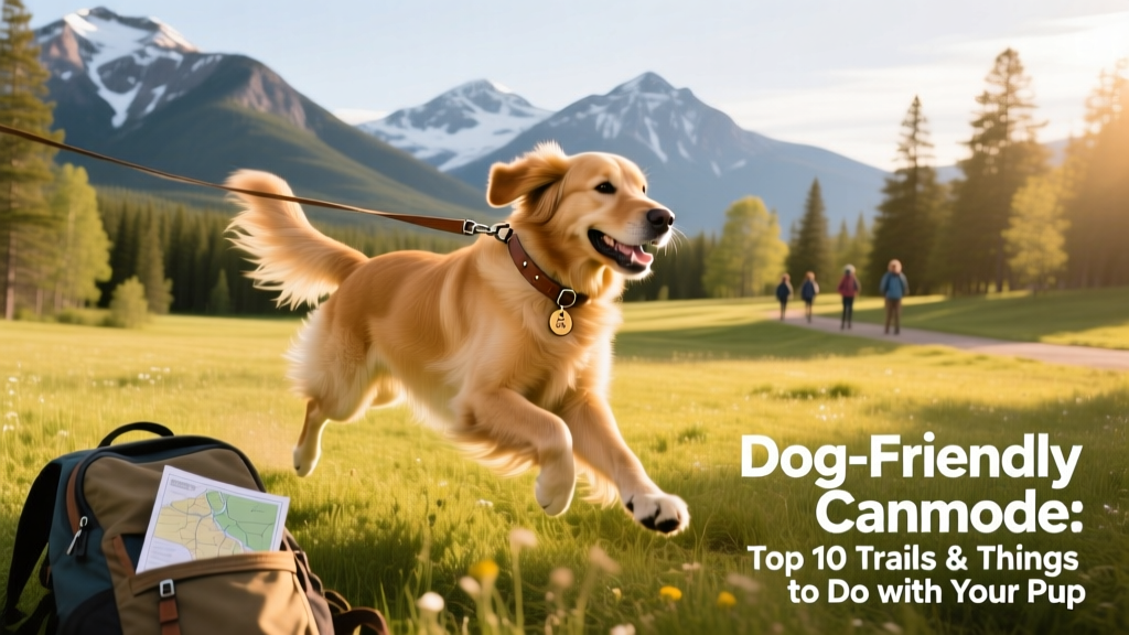 A dog playing off-leash in a scenic, mountain-framed park in Canmore