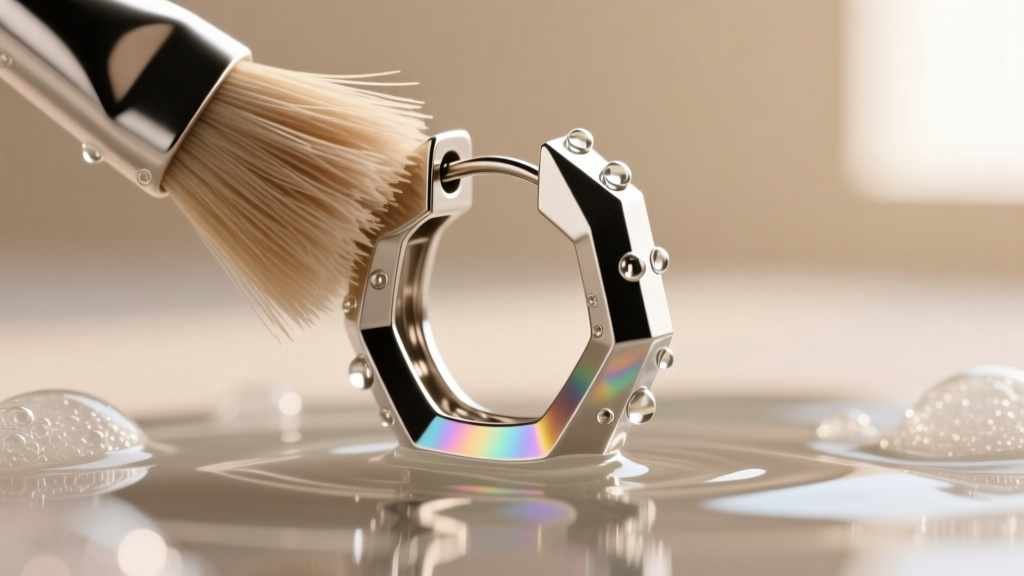 Macro shot of a soft brush gently scrubbing the hinged clasp of a titanium octagon hoop earring submerged in mild soapy water.
