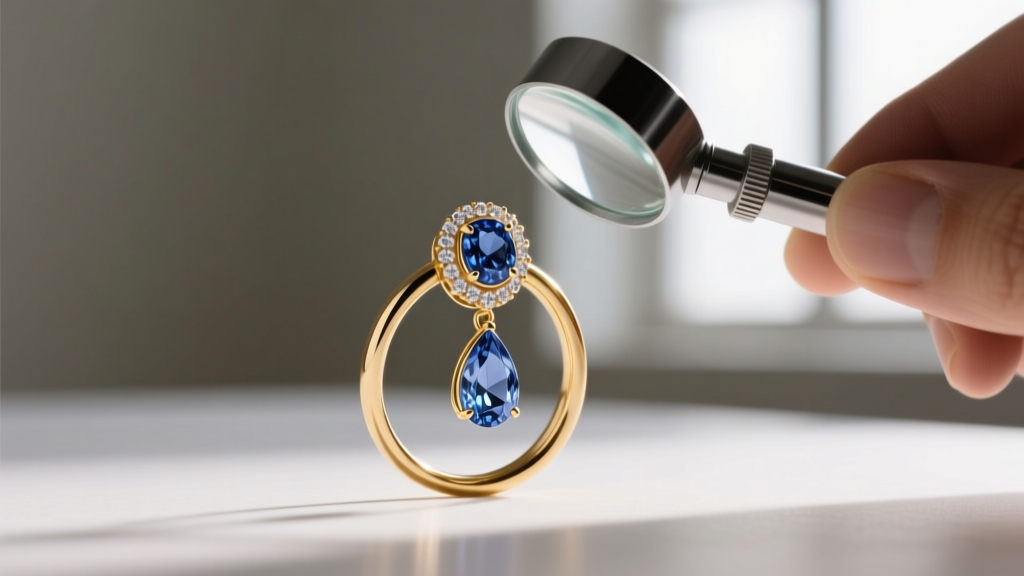 Jeweler using a loupe to inspect a tiny gold jump ring connecting a diamond halo top to a pear-cut sapphire drop earring element.