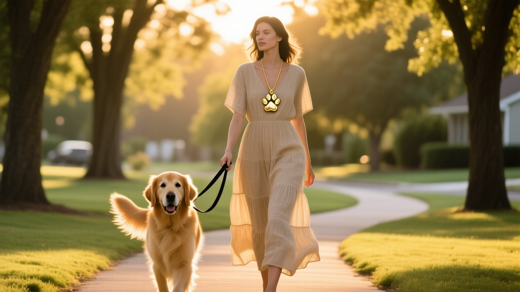 Woman walking a golden retriever outdoors, wearing a layered gold filled paw print necklace catching the bright afternoon sun.