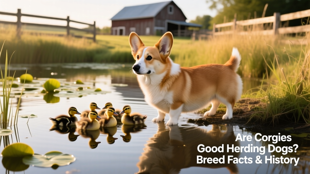 A Corgi standing alert beside a small group of ducks on a farm pond