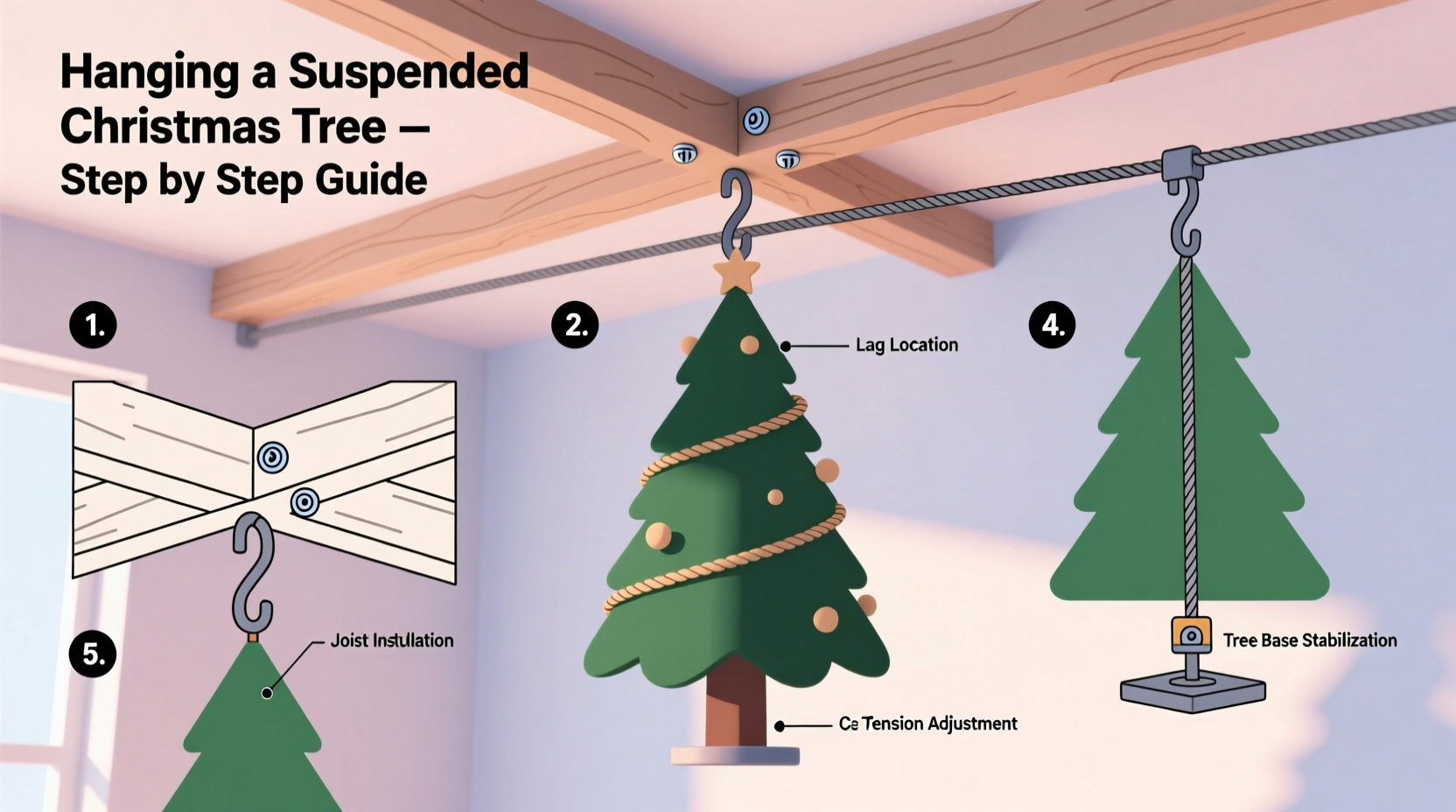 step by step guide to hanging a suspended christmas tree in a studio apartment using ceiling joists