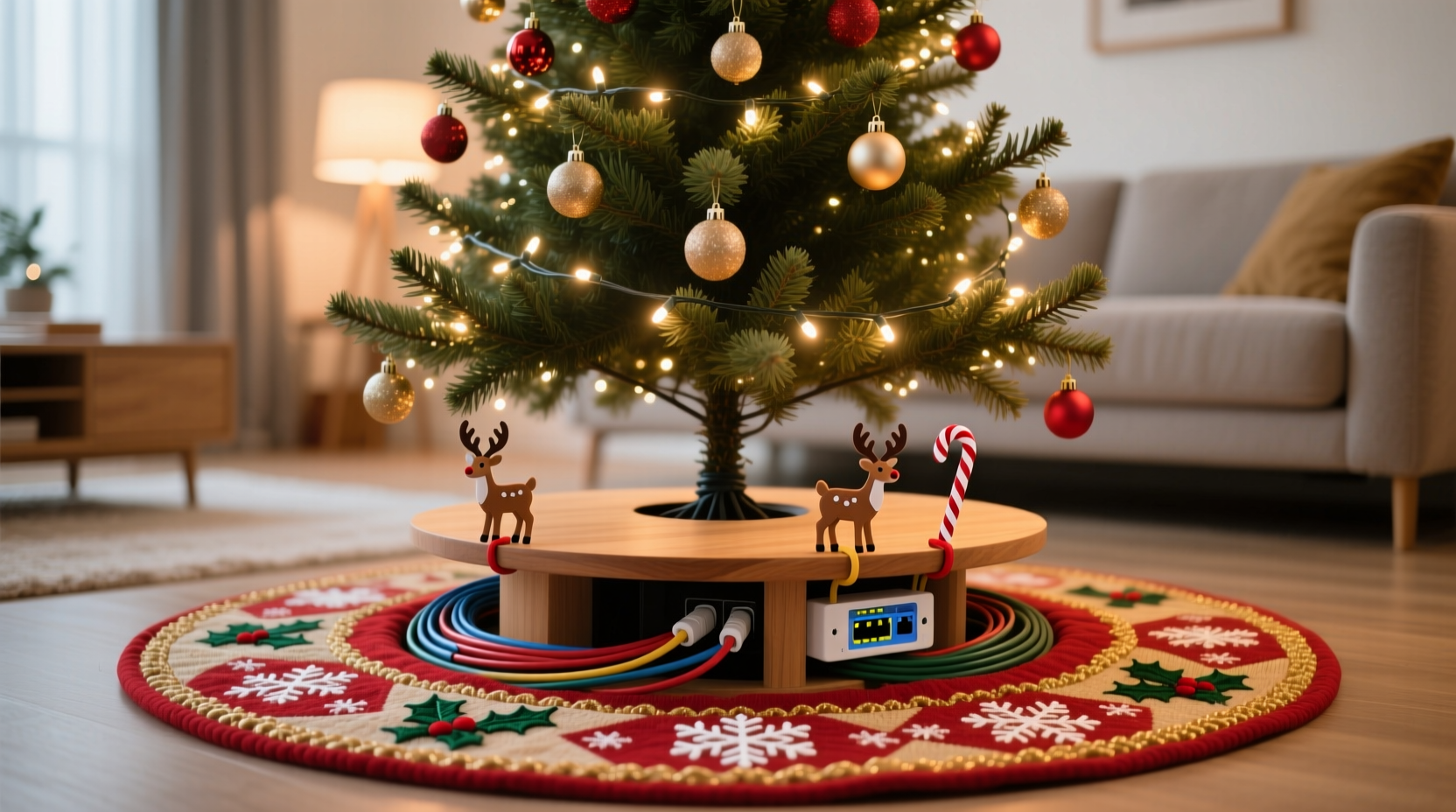 how to hide router cables using christmas tree skirts creatively