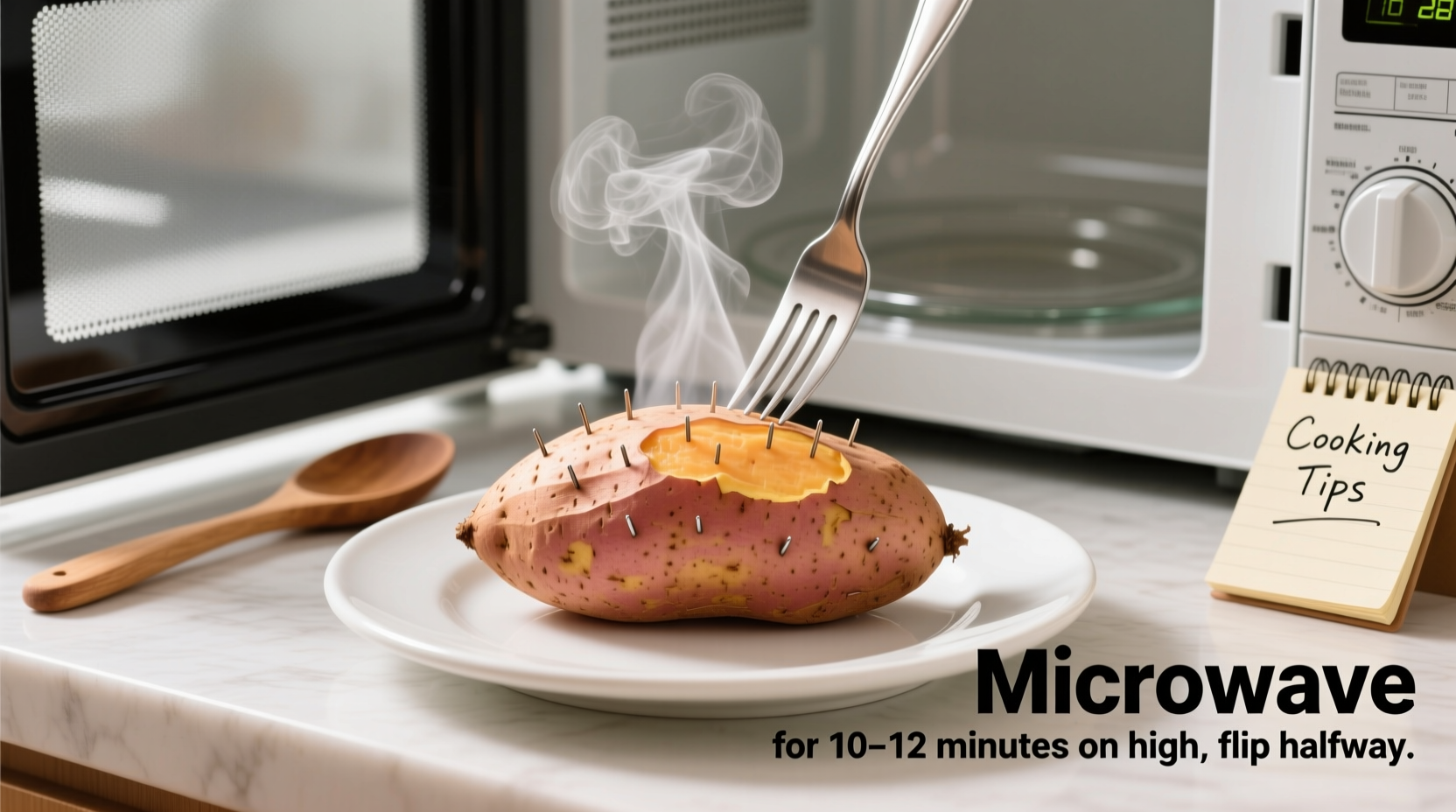 Süßkartoffel mit Gabelstichen vor dem Mikrowellen-Vorgang