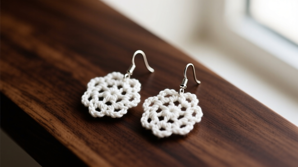 Macro shot of white cotton crochet earrings on dark wood, soft light highlighting delicate lace stitches and titanium ear wires.