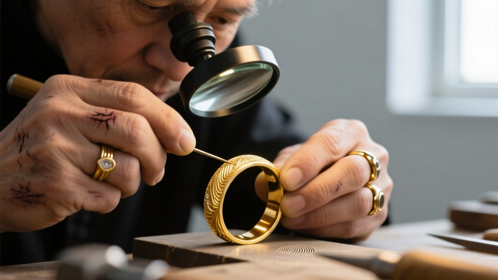 Macro shot of a gold jeweler's loupe beside a glass beaker of clear homemade jewelry cleaning solution and a soft bristle brush