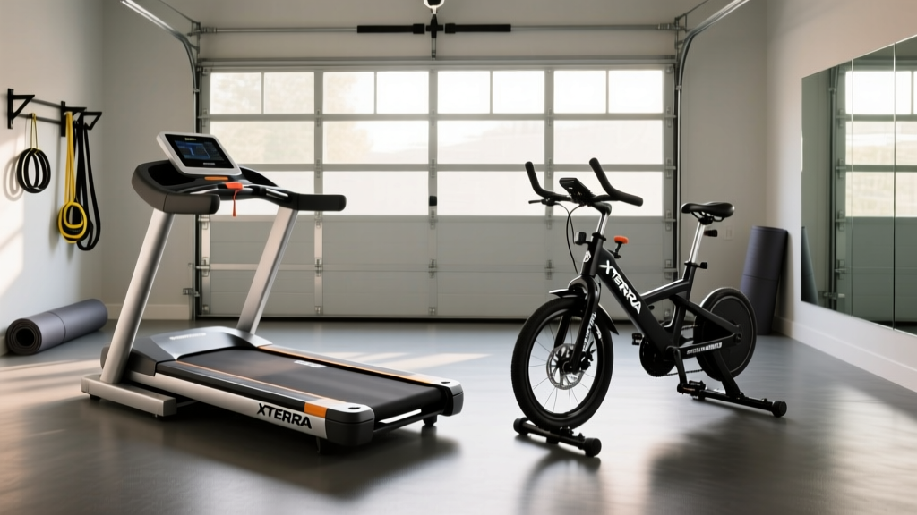 Side-by-side comparison of an XTERRA folding treadmill and a black steel air assault bike in a garage gym environment with rubber flooring