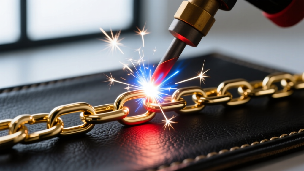 Pulse arc welder electrode creating a bright micro-spark on a delicate 14k gold chain link against a dark leather welding pad.