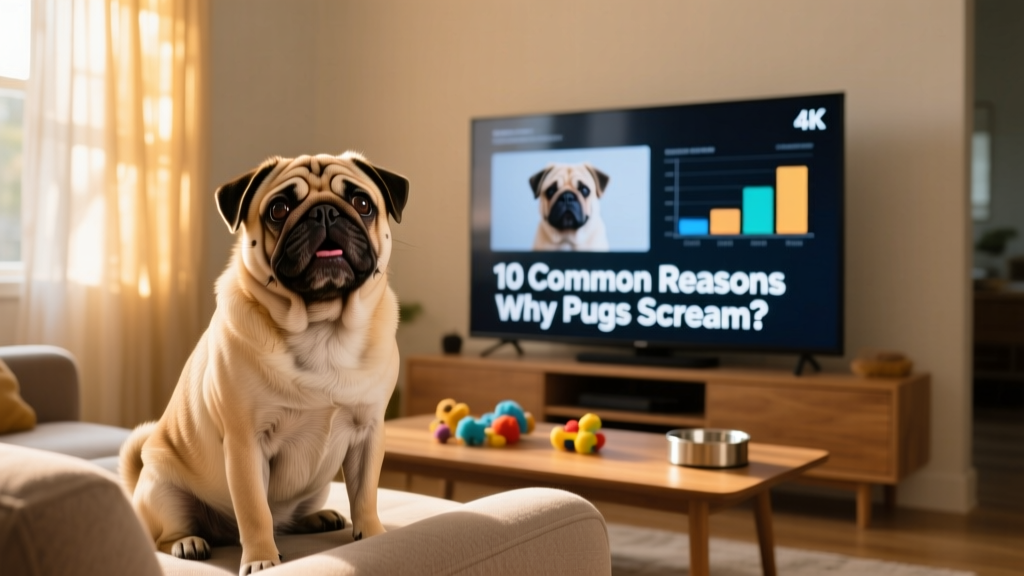 A curious pug sitting upright, mouth slightly open, looking intently at a TV screen