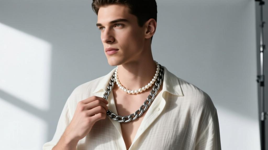 Male model layering an 18-inch pearl choker with a 22-inch oxidized silver Cuban link chain over an unbuttoned linen shirt