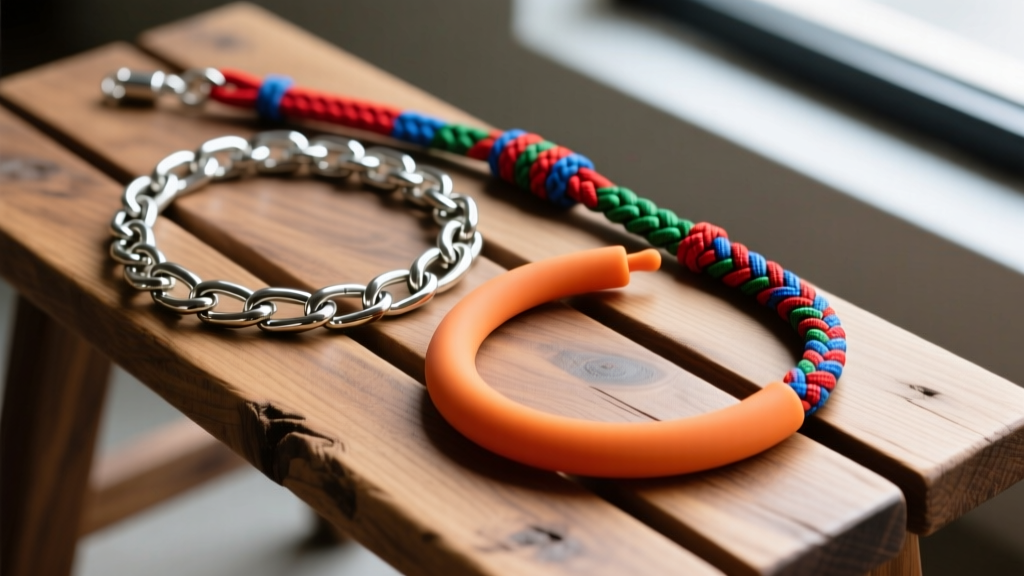 Overhead flat lay of a steel chain, braided paracord cord, and solid silicone sports necklace resting on a weathered wooden bench
