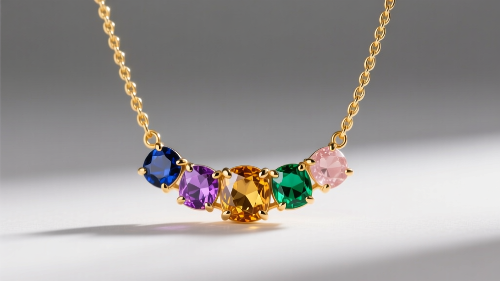 16-gauge 14k yellow gold wheat chain holding a five-stone birthstone family necklace pendant against a soft grey backdrop