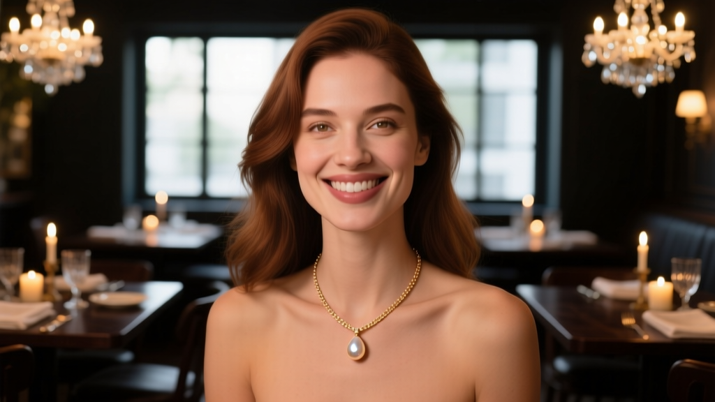 Woman wearing a rose gold lariat necklace with a teardrop freshwater pearl, smiling in a dimly lit, romantic restaurant setting.