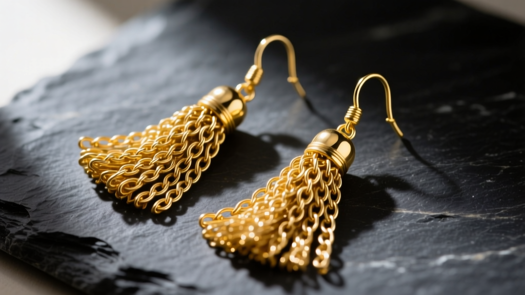 Close up of vintage 1970s 18k yellow gold tassel earrings with intricate chainmail fringe, resting on dark slate.