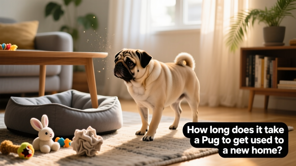 A calm, curious Pug exploring a cozy corner of a living room with a soft bed and toys nearby