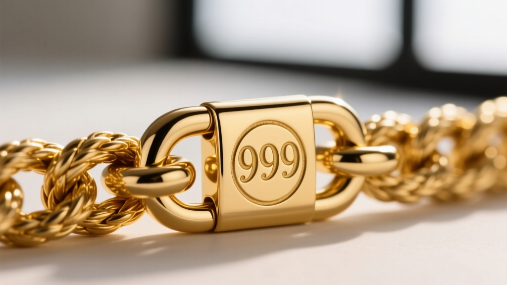Close-up macro shot of a 999 hallmark stamped on the clasp of a thick 24k gold rope chain, highlighting the deep yellow hue