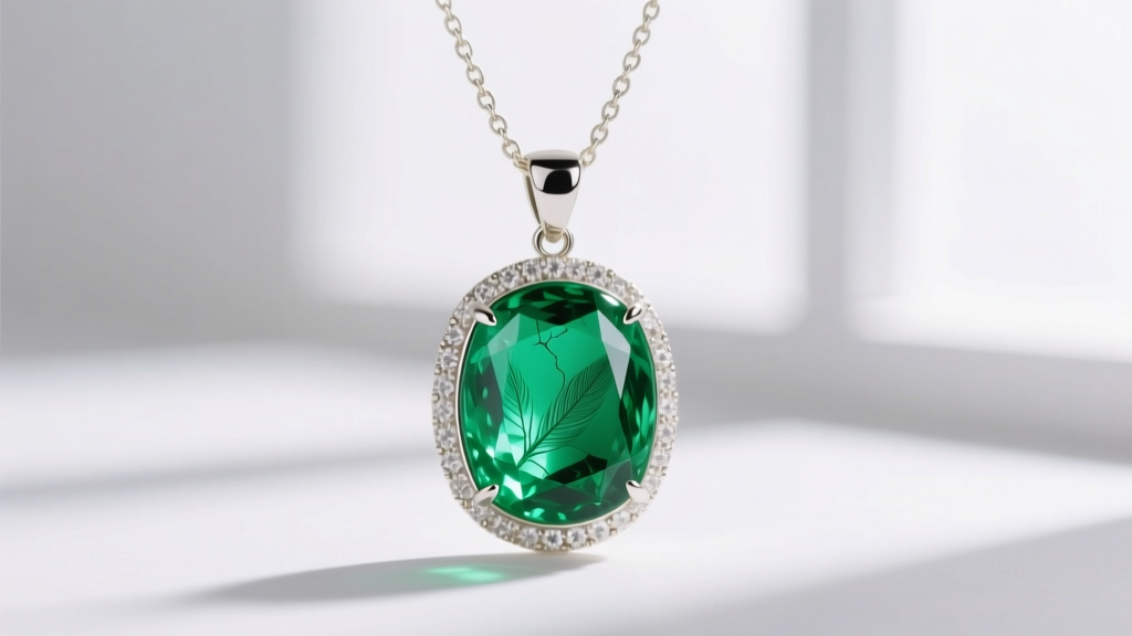 Macro shot of a vibrant green emerald pendant in a protective bezel setting on a white gold chain highlighting natural inclusions