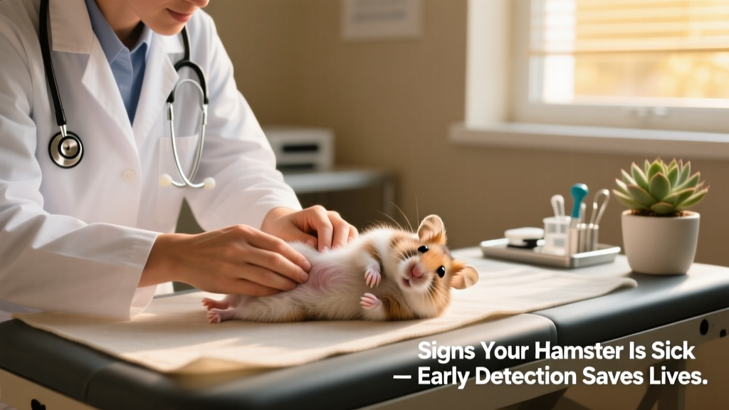 Veterinarian gently examining a hamster’s abdomen during a wellness checkup