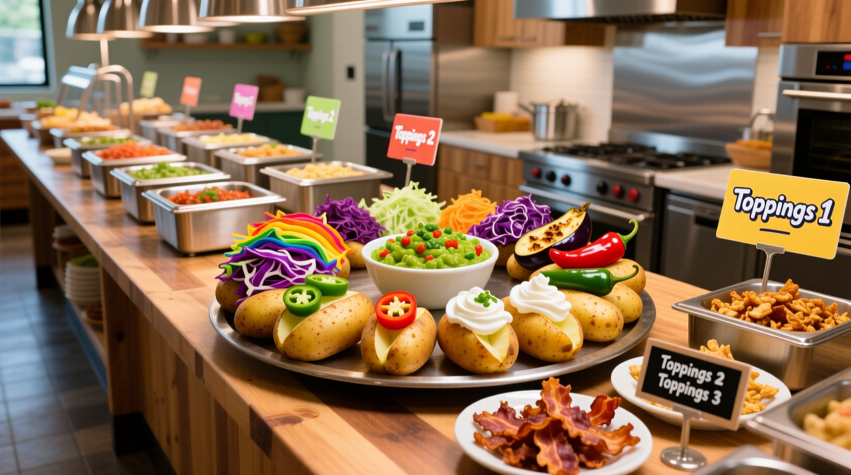 Colorful potato bar with multiple topping stations
