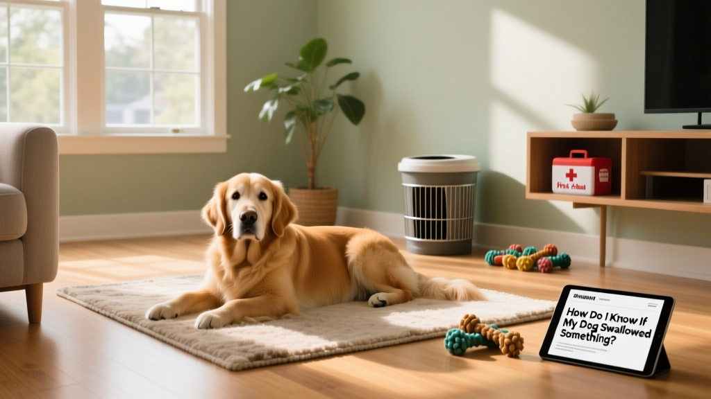 A dog-safe home environment: secured trash, tidy floor, and sturdy chew toys nearby