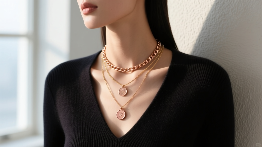 Model layering a 22 in rose gold chain with a 16-inch choker and 18-inch coin necklace over a dark V-neck cashmere sweater top.