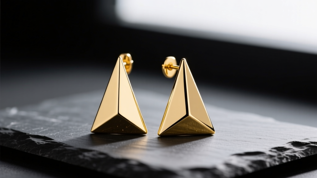 Close-up macro shot of polished 14k yellow gold triangle drop earrings with sharp geometric vertices resting on dark slate.