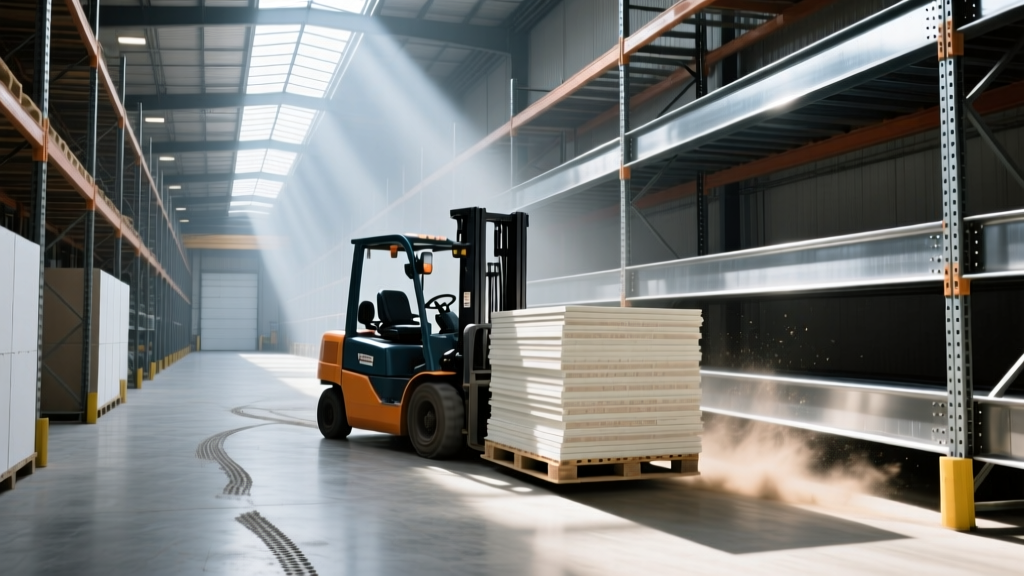 Forklift moving pallets of fire-rated Type X gypsum board and structural steel beams inside a massive City of Industry building materials warehouse