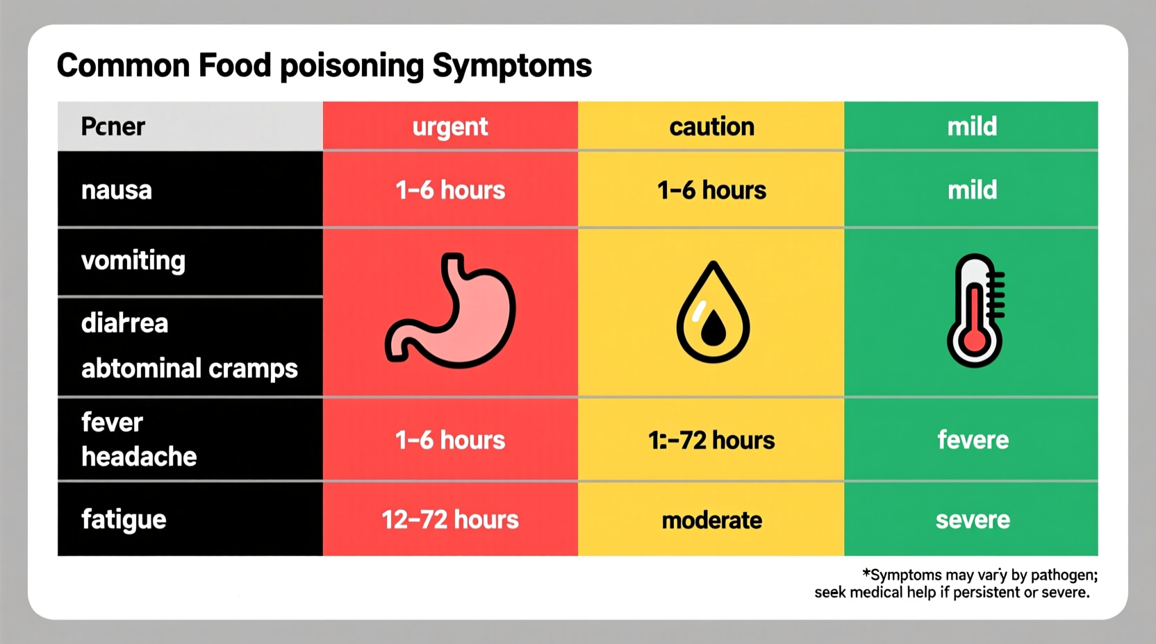 Food poisoning symptoms comparison chart showing common signs