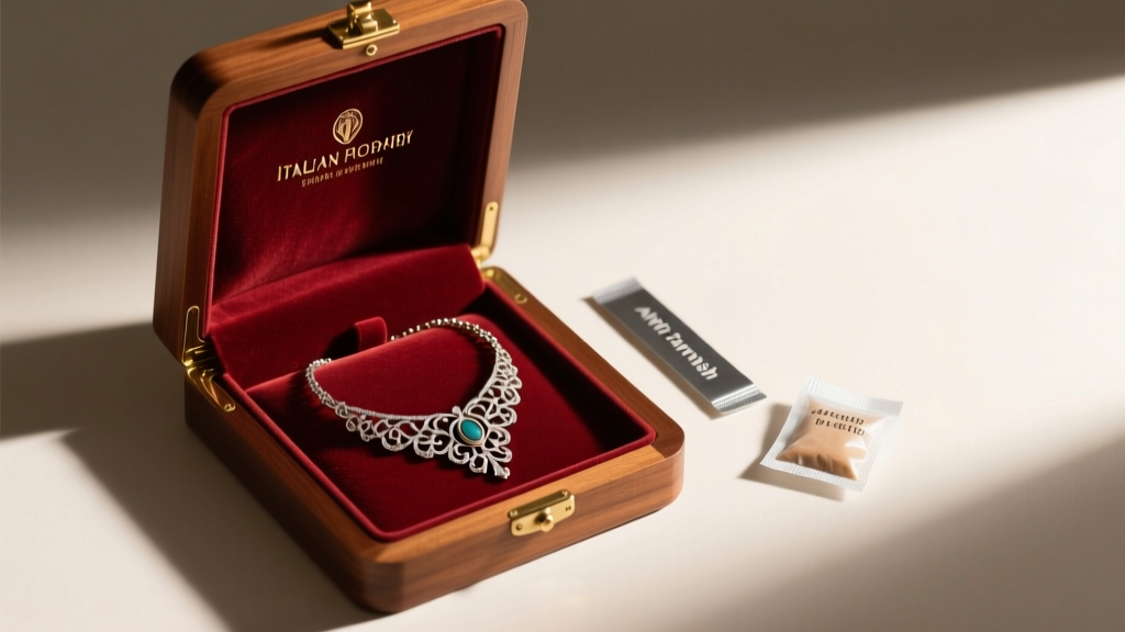 Italy country necklace stored inside a velvet-lined wooden box alongside an anti-tarnish strip and a small silica gel packet