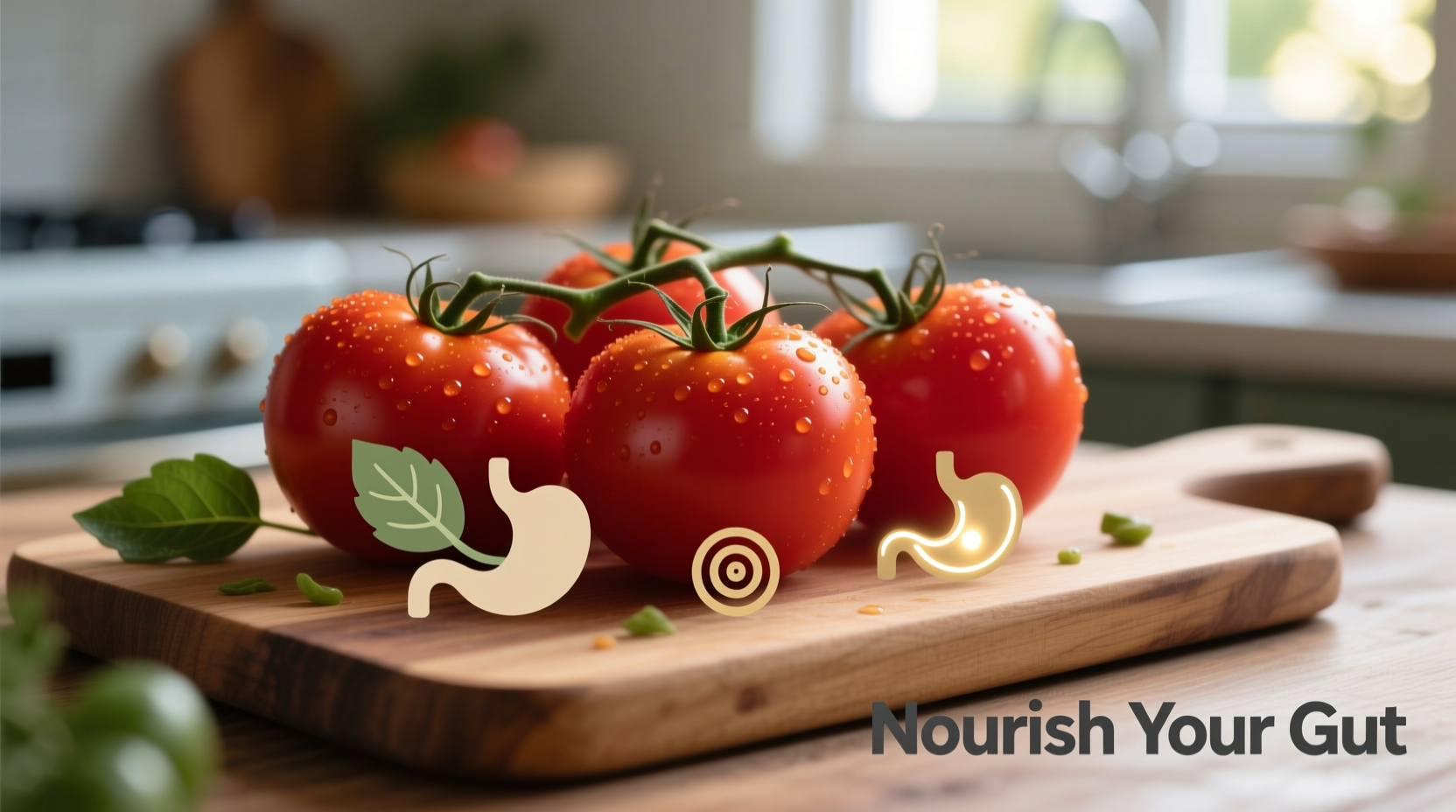 Fresh tomatoes with digestive health symbols