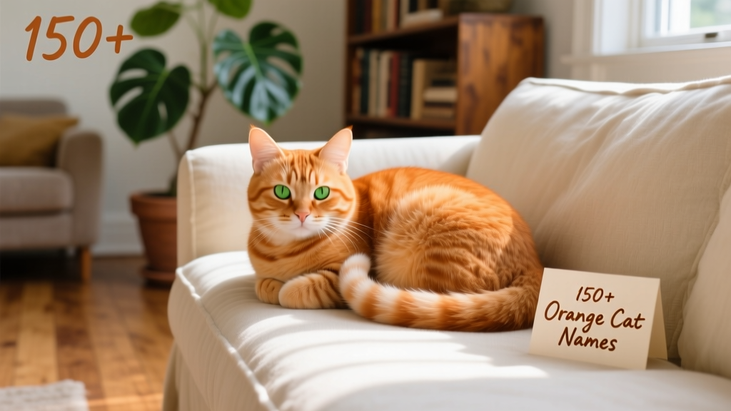 Playful orange tabby cat curled up on a cozy sofa