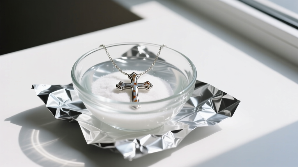 Small glass bowl with baking soda solution, showing a tarnished silver cross heart necklace submerged and resting on aluminum foil.