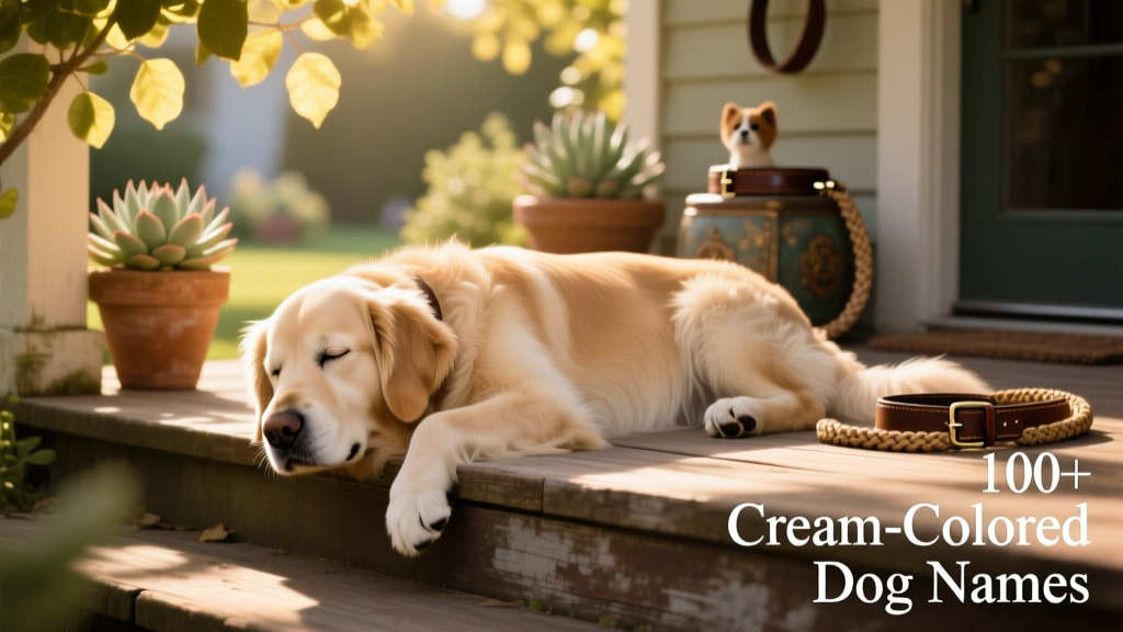 A gentle cream-colored Golden Retriever resting in dappled sunlight