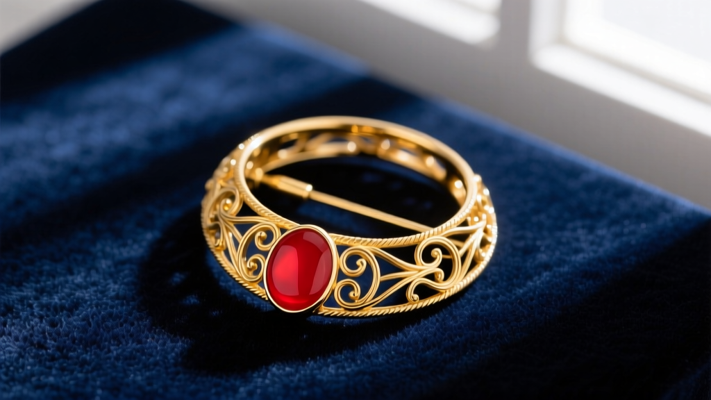 Overhead view of penannular brooch in 18k gold showcasing opaque red champlevé enamel and fine filigree wirework detail on velvet.