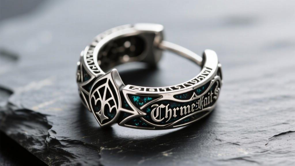 Macro shot of tarnished Chrome Hearts sterling silver hoop earring on slate, showing gothic motifs and dark oxidized crevices