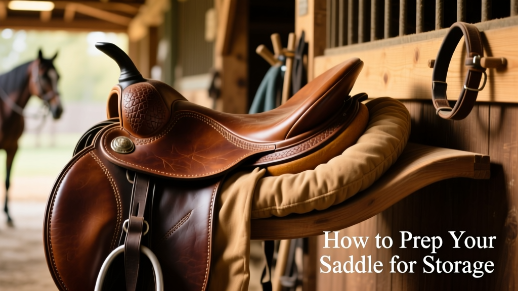 Close-up of a Western saddle resting on a padded, curved wooden rack with a breathable saddle cover partially draped over it