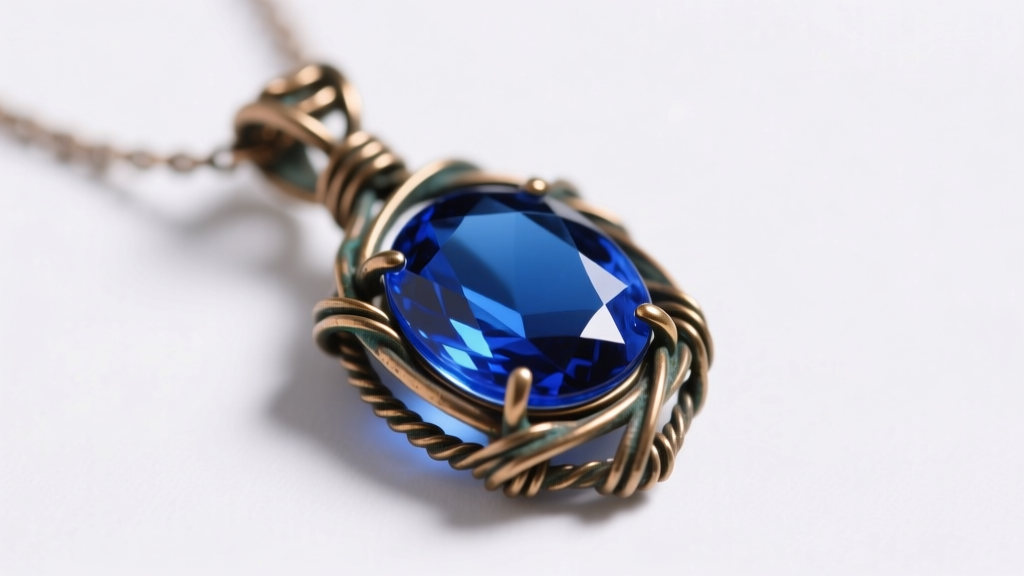Macro shot of a glass baron necklace pendant with cobalt glass set in oxidized bronze wire under soft directional studio lighting