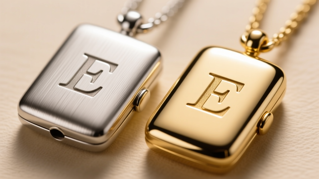 Macro shot comparing brushed sterling silver and high-polish 14k gold lockets, highlighting laser-etched initial textures.