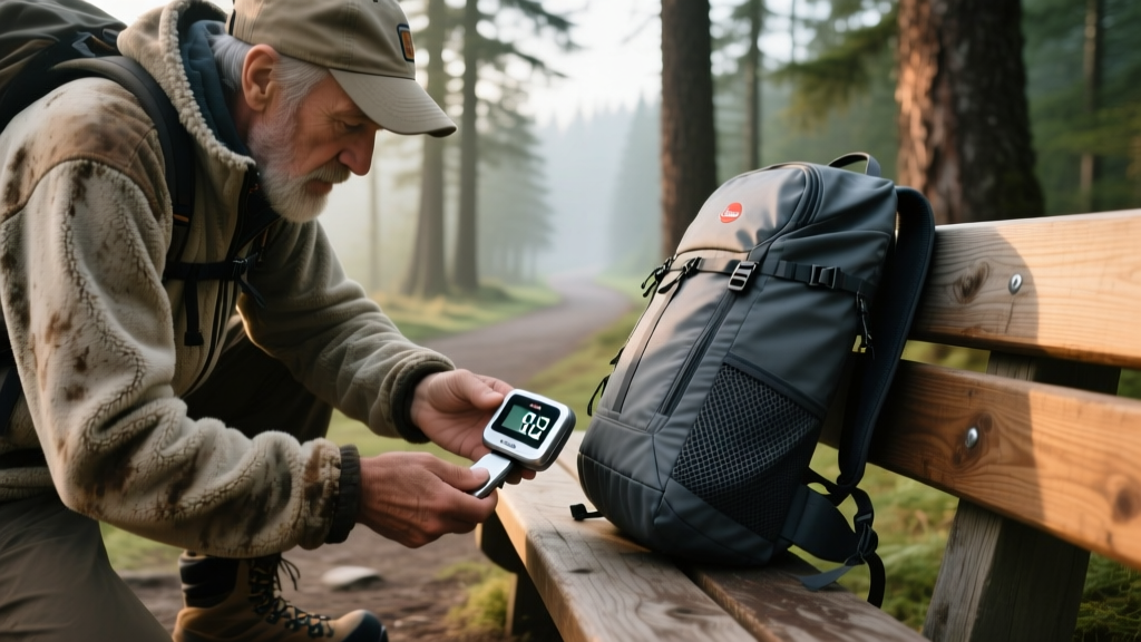 Close-up of a hiker weighing their ultralight backpack on a wooden trailhead bench using a compact digital luggage scale before starting the ascent