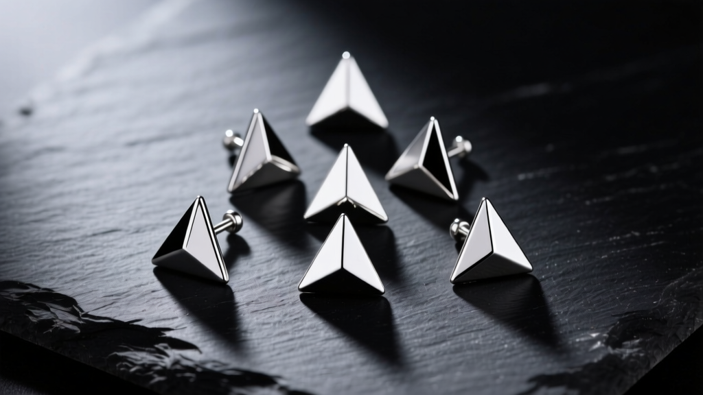 Macro shot of 925 sterling silver triangle studs on black slate, highlighting sharp geometric edges and high-polish finish