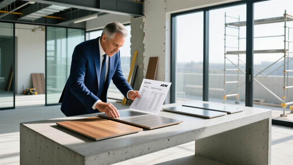 Architect reviewing commercial flooring material samples and ASTM specification sheets on a modern construction site table