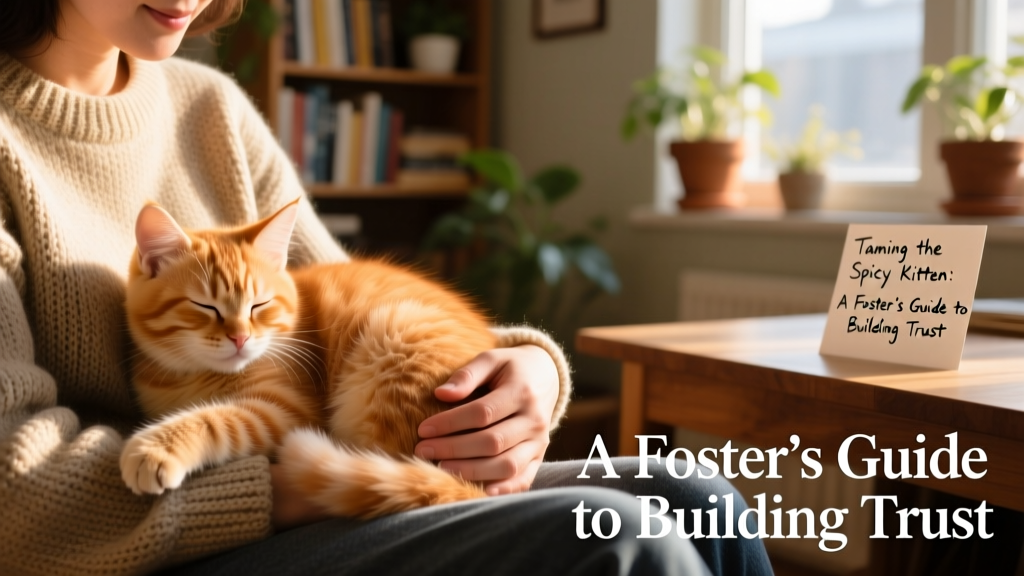 A relaxed kitten curled up in a foster caregiver's lap, purring softly