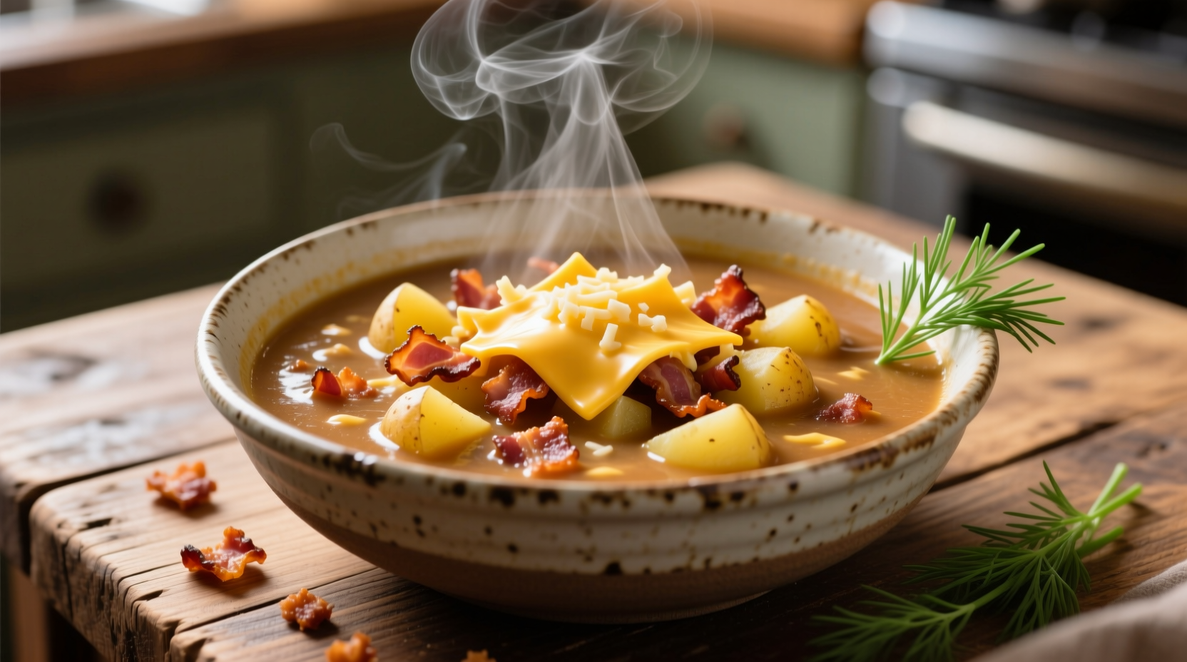 Steaming bowl of loaded potato soup with bacon and cheese