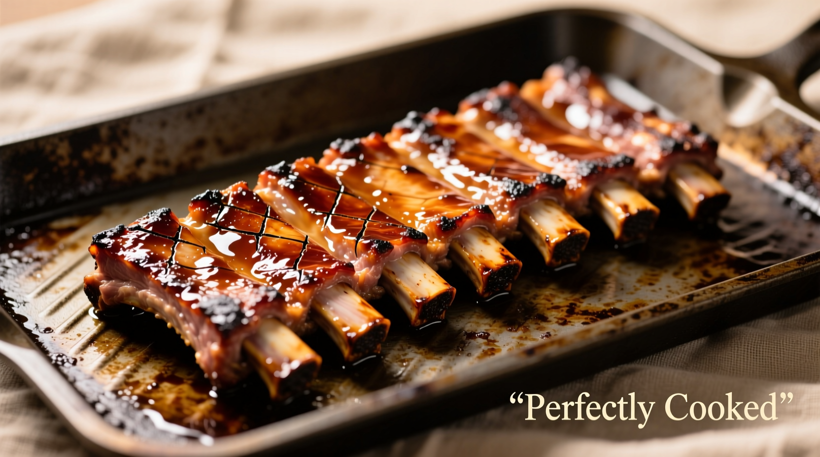 Perfectly cooked pork riblets on baking sheet