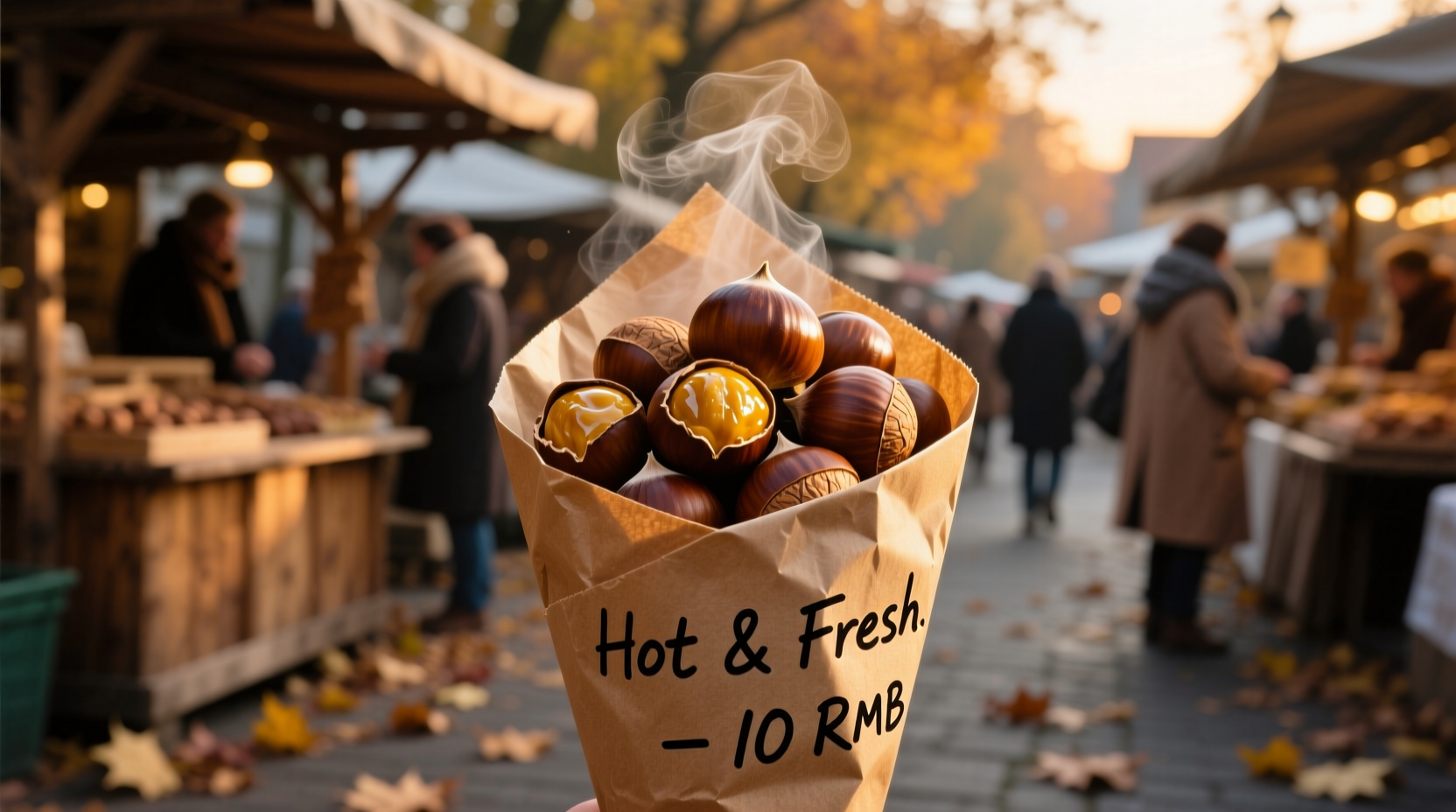Fresh roasted chestnuts in a paper cone
