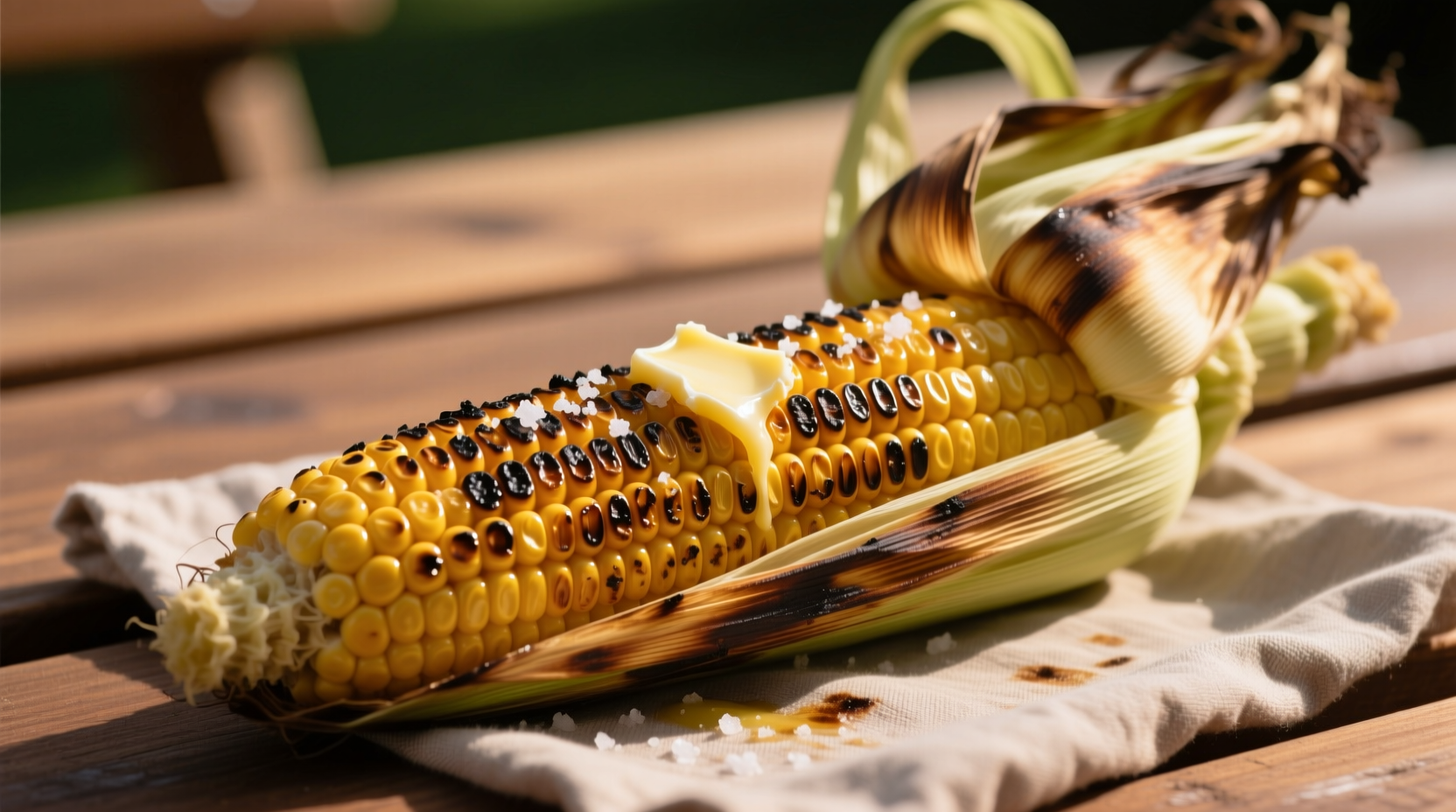 Perfectly grilled corn on the cob with husk partially removed