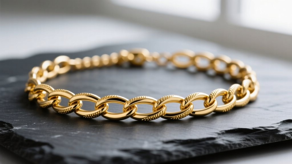 Macro photography of a 14k yellow gold noodle chain necklace featuring elongated hollow tubular links resting on dark slate