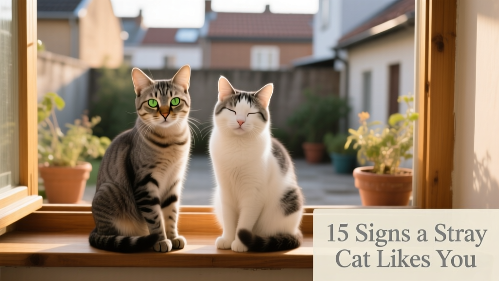 Two stray cats sitting side-by-side on a windowsill, one gazing calmly at the camera while the other blinks slowly